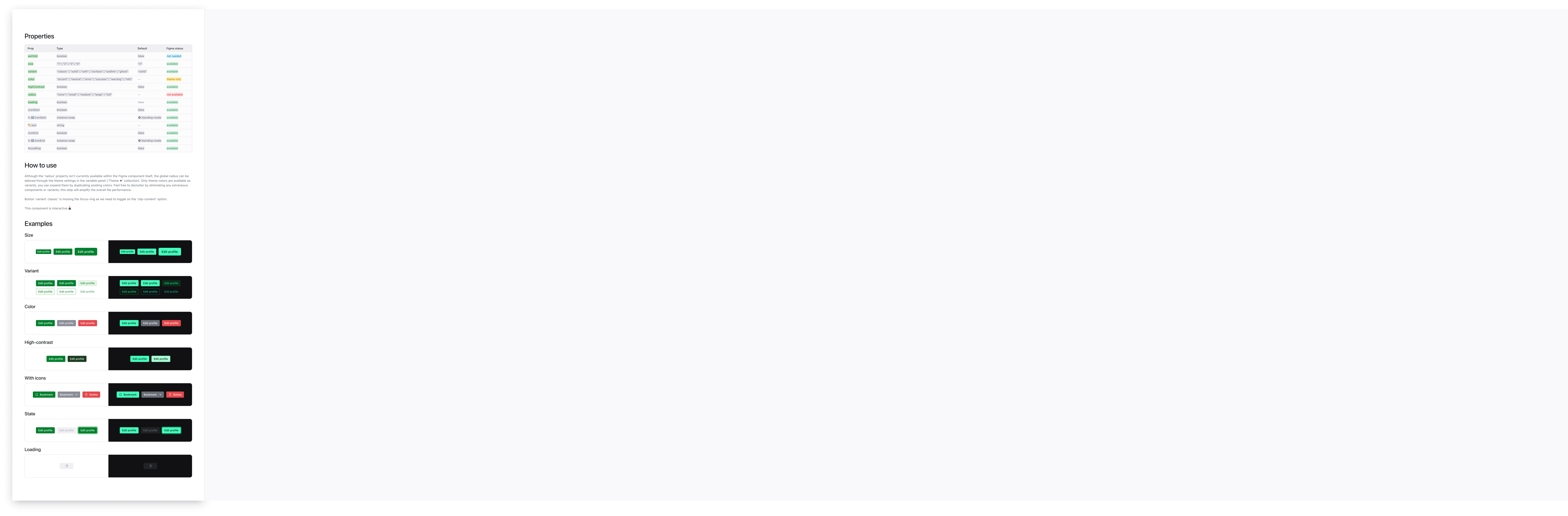 Astralis button usage documentation showing component properties and examples in light and dark themes