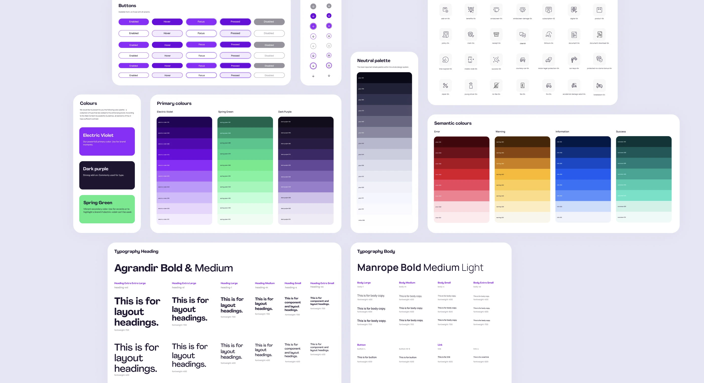 boom design system showing button states, icons, colour tokens and typography