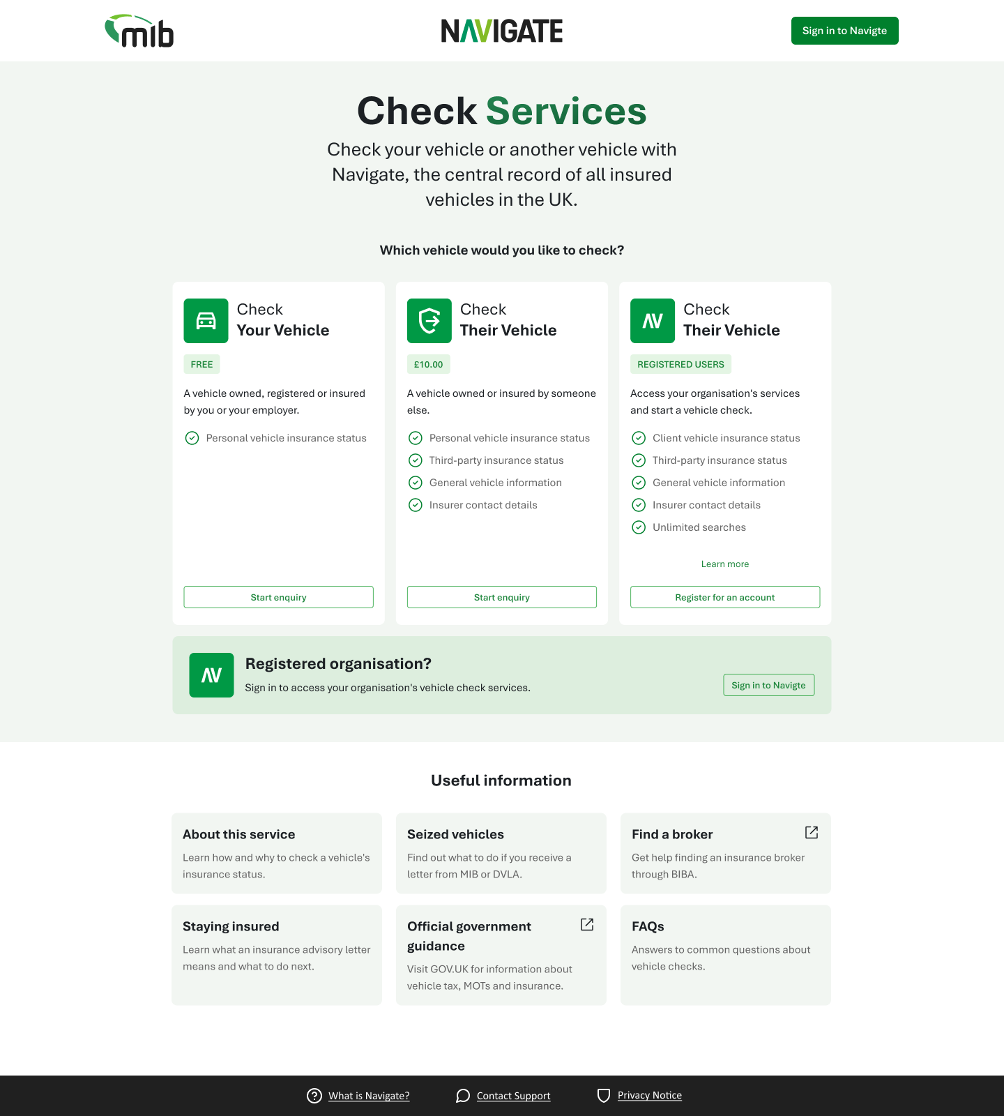 Check Services landing page showing the three routes