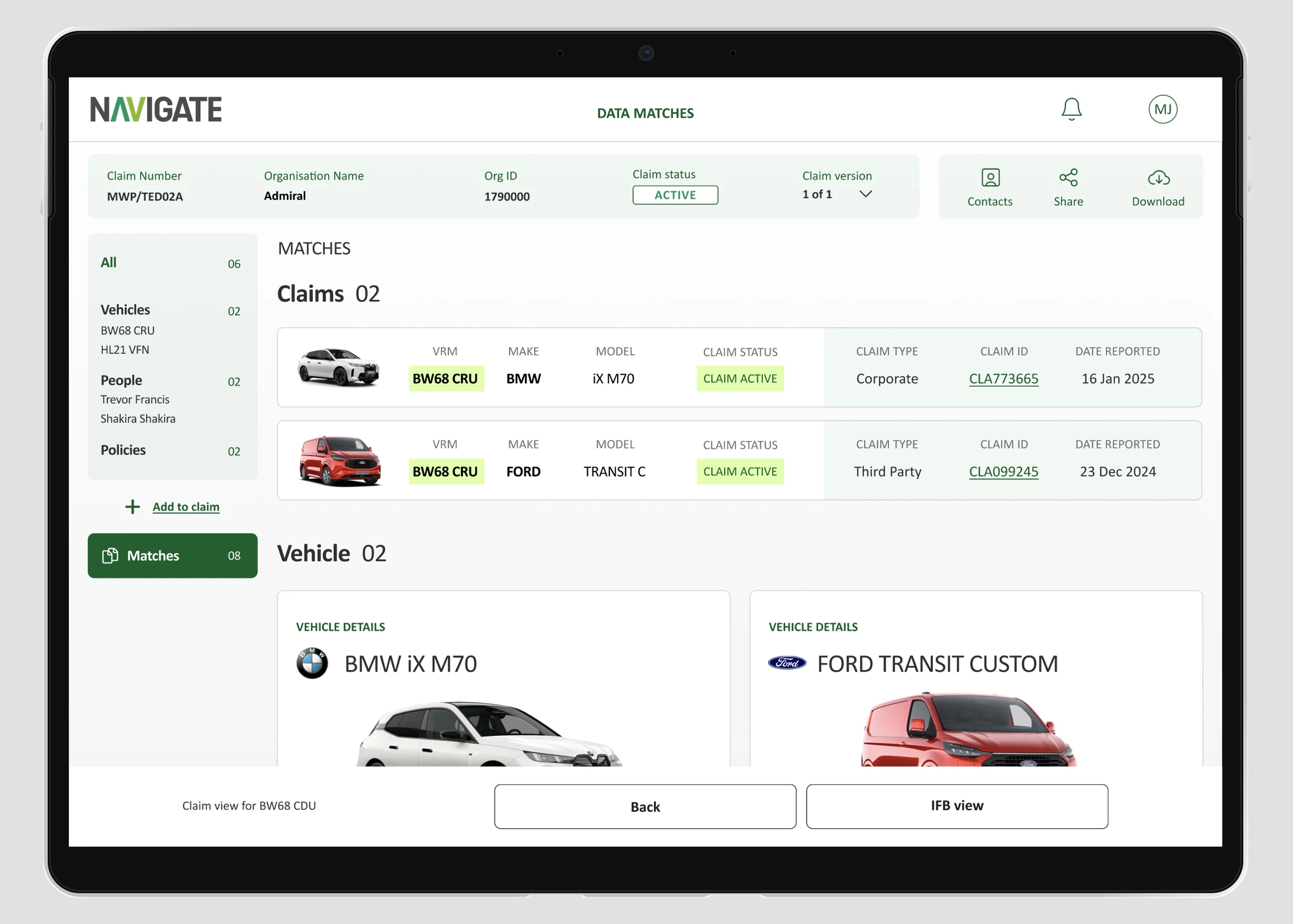 Compare related claims and vehicles through highlighted data matches.