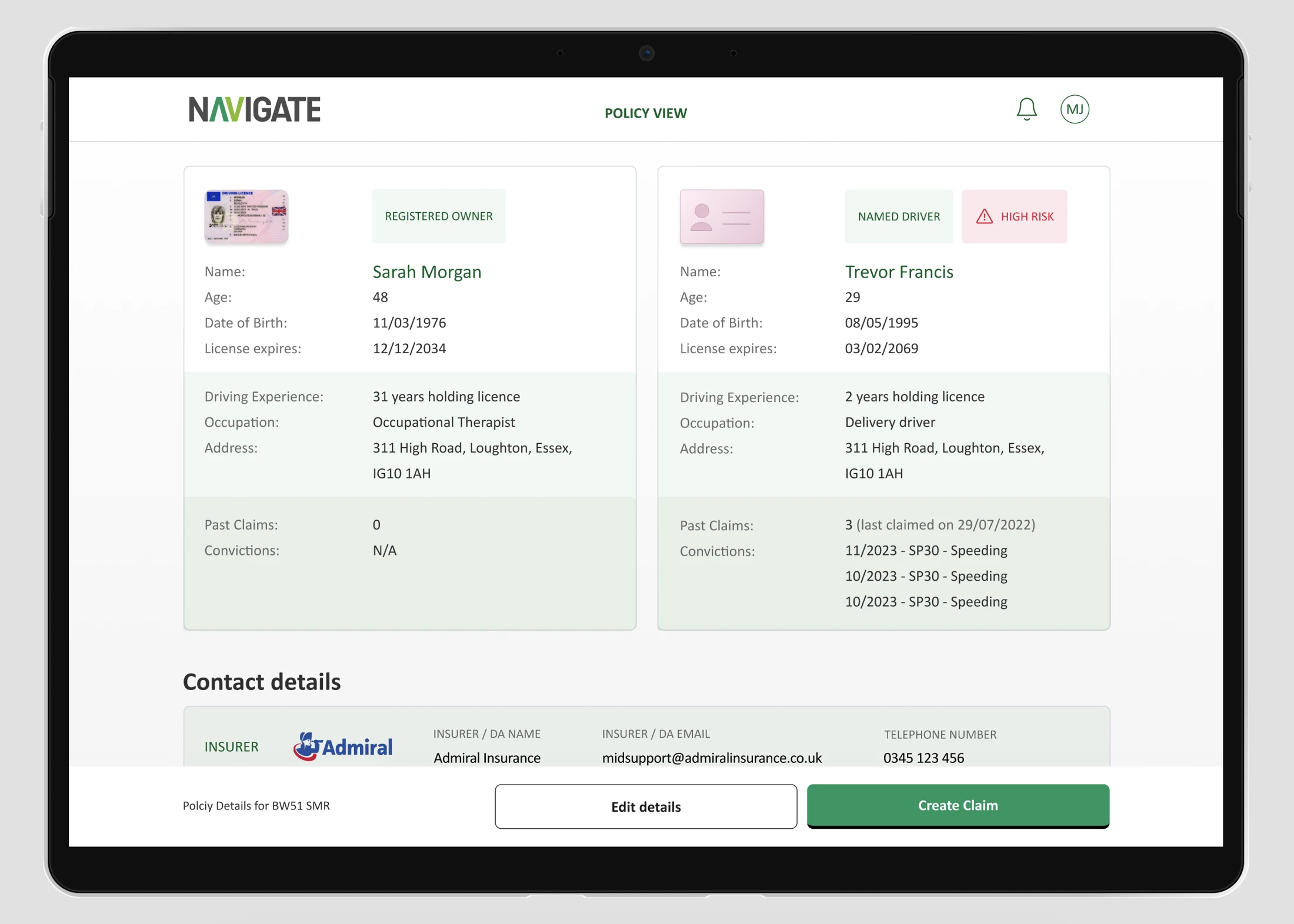Registered and named drivers appear with policy and contact details.