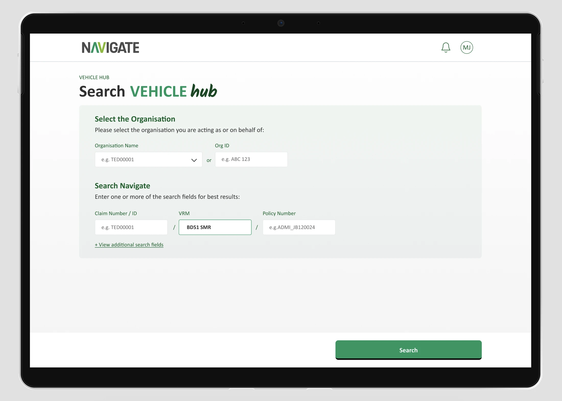 Search by vehicle, policy or claim within an organisation.