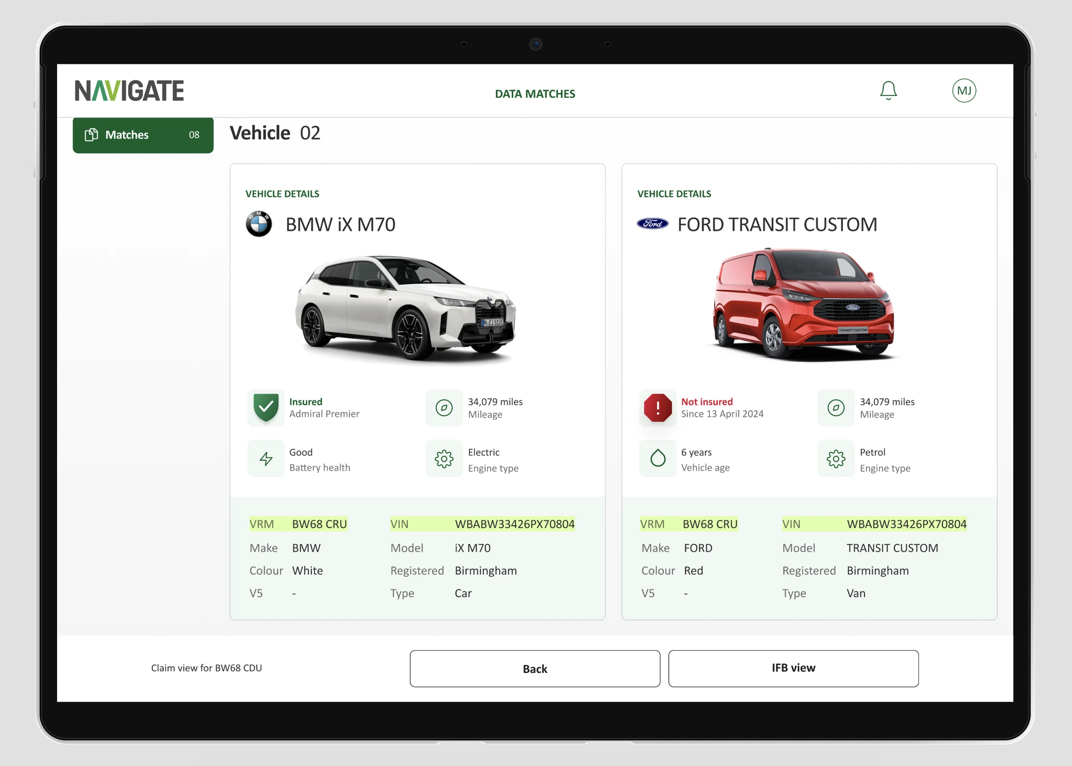 MIB Vehicle Hub vehicle and insurance comparison on a tablet